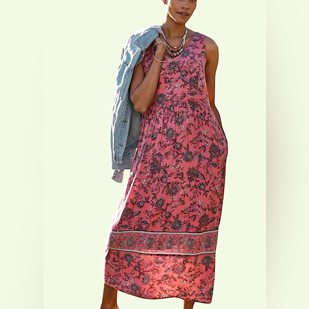 J.Jill Dress Maxi Summer Lotus Flower Boho Lagenlook Garden Tropical Coastal